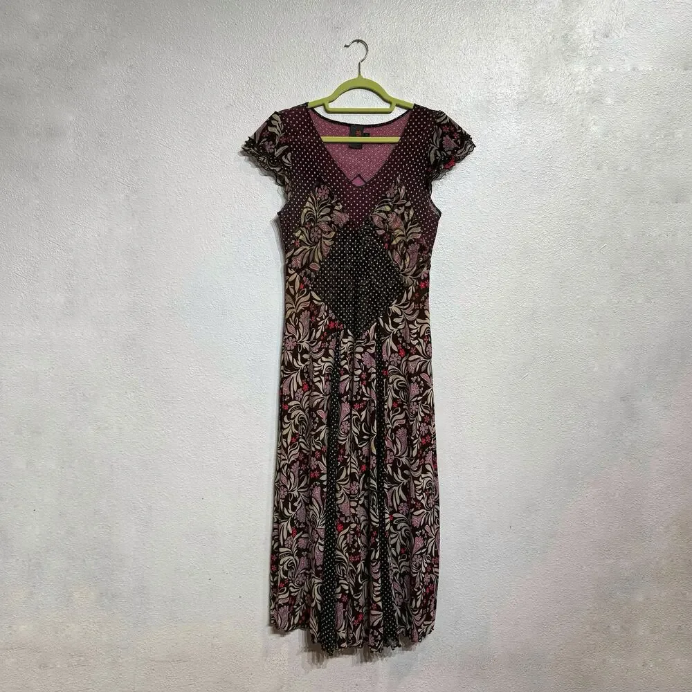 ANAC by Kimi Black Pink Floral Polka Dot Midi Dress Sz M - Picture 2 of 12